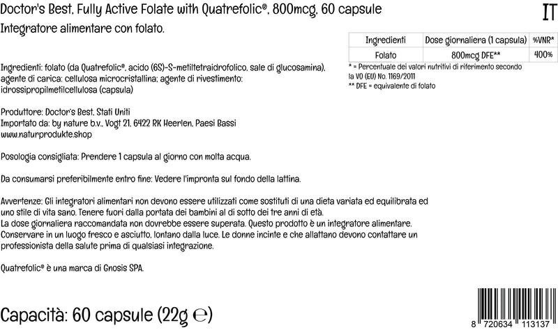 [Australia] - Doctor's Best, Fully Active Folate with Quatrefolic (Folic Acid), 800mcg, 60 Vegan Capsules, Laboratory Tested, Gluten Free, SOYA Free, Vegetarian, Non-GMO 
