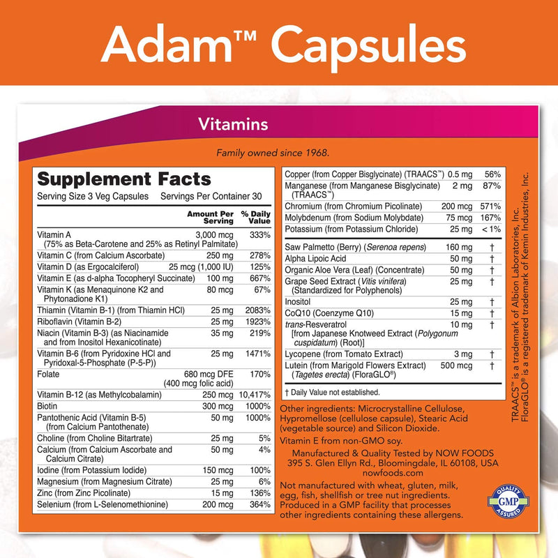 [Australia] - NOW Supplements, ADAM™ Men's Multivitamin with Saw Palmetto, Lycopene, Alpha Lipoic Acid and CoQ10, Plus Natural Resveratrol & Grape Seed Extract, 90 Veg Capsules 