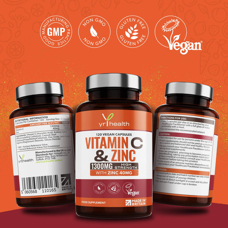 [Australia] - Vitamin C 1300mg and Zinc 40mg High Strength - VIT C and Zinc for Maintenance of Normal Immune System - 120 Vegan Capsules not Tablets - 2 per Daily Serving - Made in The UK by YrHealth 
