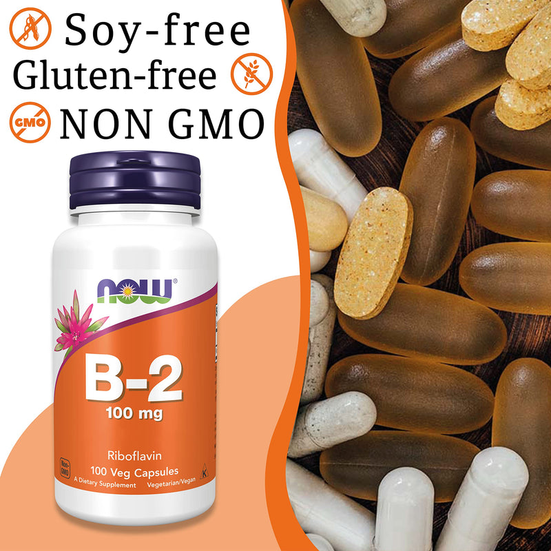 [Australia] - Now Foods, Vitamin B2 (Riboflavin), 100mg, High Dose, 100 Vegan Capsules, Lab-Tested, Gluten Free, SOYA Free, Vegetarian, Non-GMO, for Skin and Mucous Membranes 