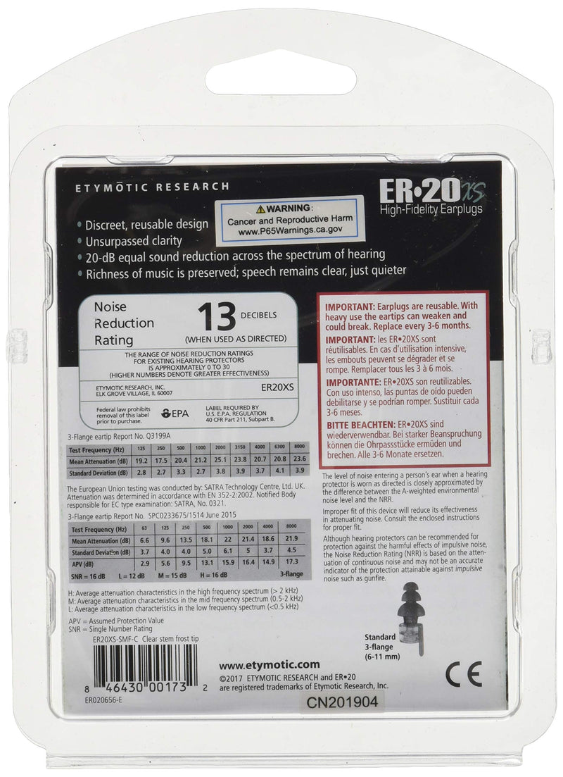 [Australia] - Etymotic Research ER20XS High-Fidelity Earplugs (Concerts, Musicians, Airplanes, Motorcycles, Sensitivity and Universal Hearing Protection) - Standard, Clear Stem Standard Fit 