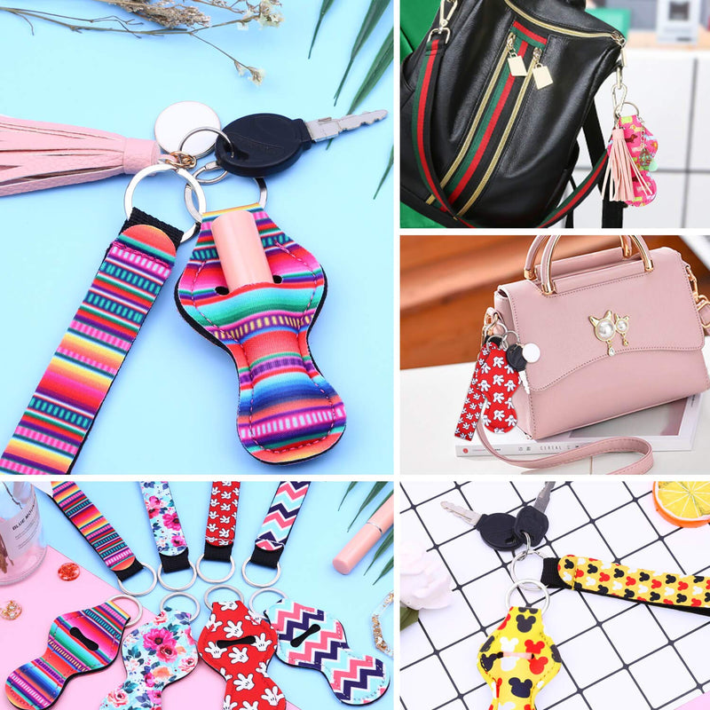 [Australia] - Shynek 24PCs Chapstick Holder Keychain with Wristlet Including 12PCs Lipstick Holder Keychain and 12PCs Neoprene Wristlet Keychain Lanyards, Portable Balm Holders Pouch for Girls Women 