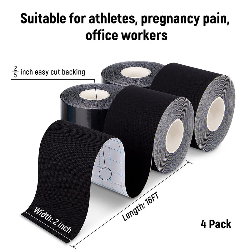 [Australia] - 4 Pack Kinesiology Tape for Sports Athletes - 16 FT Waterproof Athletic Tape for The Knee, Elbow and Shoulder Muscles, etc.(5m X 5cm) (Black) Black 