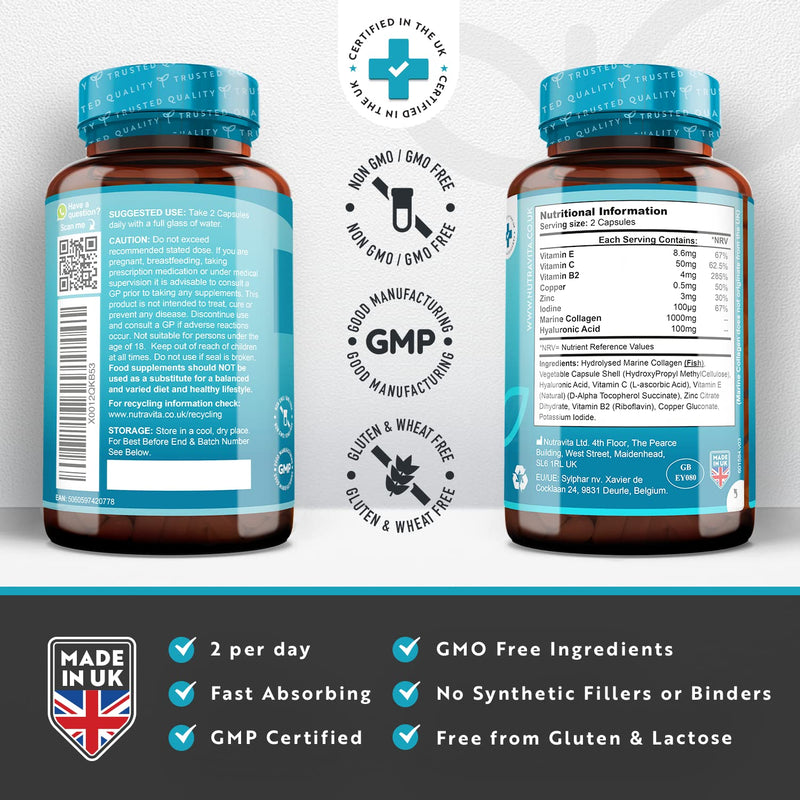 [Australia] - Marine Collagen 1000mg Enhanced with Hyaluronic Acid 100mg - 90 Super Strength Capsules - Hydrolysed Collagen Supplements - Vitamin C, Vitamin E, Vitamin B2, Zinc, Copper - Made in The UK by Nutravita 90 Count (Pack of 1) 