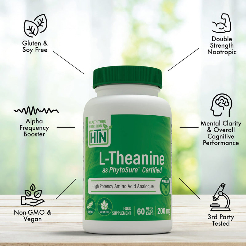 [Australia] - Health Thru Nutrition L Theanine 200mg Double Strength Nootropics & Brain Health Supplement | Clean Label Formula - 60 Vegan Capsules 