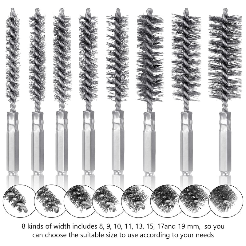 [Australia] - 8 Pieces Wire Brush Drill Bore Cleaning Brush Set with 1/4 Inch Hex Shank Stainless Steel Wire Twisted Brush for Drill Impact Driver, 8 Sizes Silver 