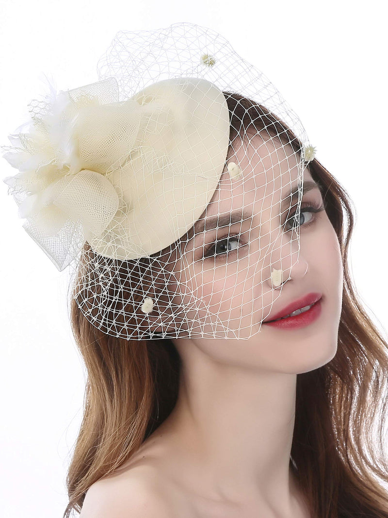 [Australia] - Fascinators Headband for Women Tea Party Hat Kentucky Derby Wedding Flower Mesh Feathers Hair Clip 10-a-beige 