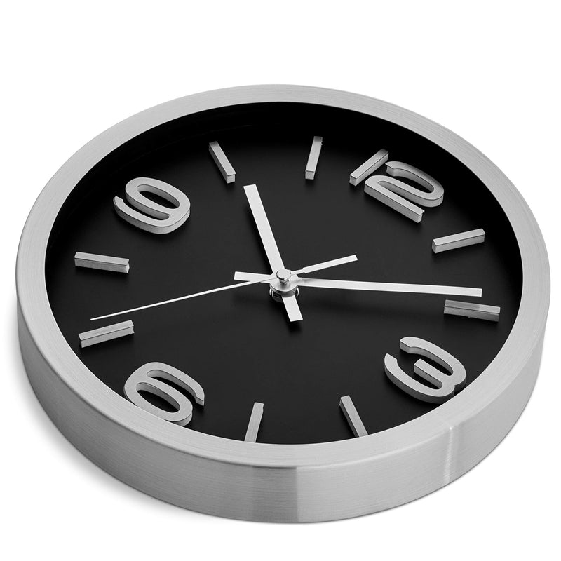 [Australia] - Bernhard Products Modern Wall Clock 10 Inch Black & Silver Silent Non Ticking Battery Operated Metal Round Elegant Quality Quartz, Kitchen Home Office Clock with 3D Numbers, Easy to Read Silver & Jet Black 