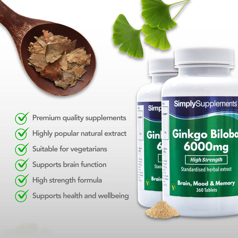 [Australia] - Ginkgo Biloba Tablets 6000mg | Supports Circulation and Mental Performance | Vegan & Vegetarian Friendly | 360 Tablets = Up to 1 Year Supply | Manufactured in The UK 
