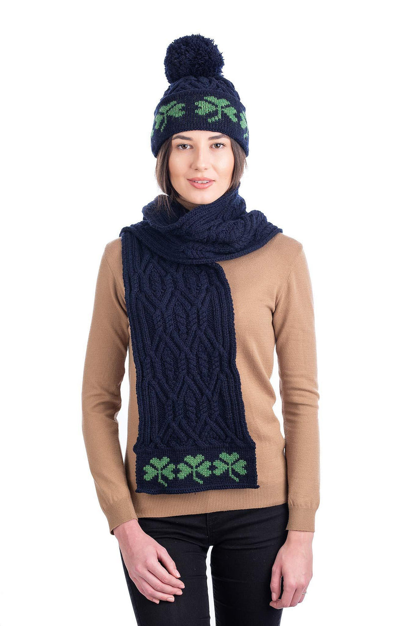 [Australia] - SAOL 100% Merino Wool Green Shamrock Knitted Hat for Ladies, in Natural/Navy/Green Navy 