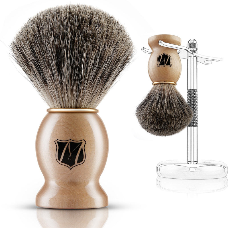 [Australia] - Miusco Natural Badger Hair Shaving Brush and Shaving Stand Set, Chrome Stand, Wooden Brush, Compatible with Safety Razor, Cartridge Razor and Disposable Razor 