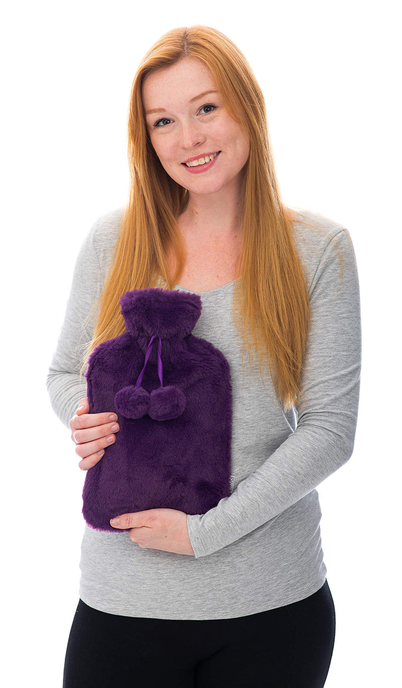 [Australia] - LIVIVO 2L Hot Water Bottle with Insulating Cover Featuring Decorative Pom-Poms - Keep Cosy and Warm (Purple) Purple 