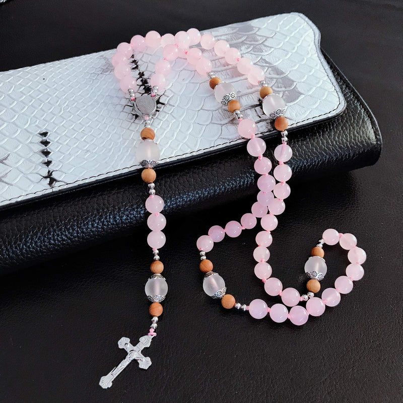 [Australia] - Sundysh Rosary Beads Catholic Necklace for Women Girls, Pink Crystal Wood Prayer Rosaries Chain, 5 Decades Steel Crucifix Cross Christian Jewelry Gift 