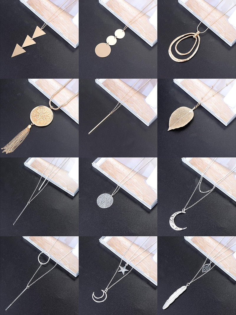 [Australia] - Finrezio 12PCS Long Pendant Necklace Set Tassel Pendant Bar Circle Leaf Y Necklace Arrow Statement Necklace for Women Gold Tone+Silver Tone 