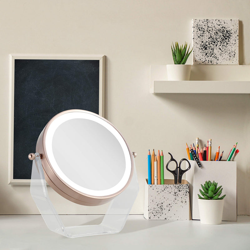 [Australia] - Zadro LED Lighted 8X/1X Magnification Two-Sided Swivel Acrylic Base Vanity Makeup Mirror for Bedroom, Bathroom and Tabletop in Rose Gold 