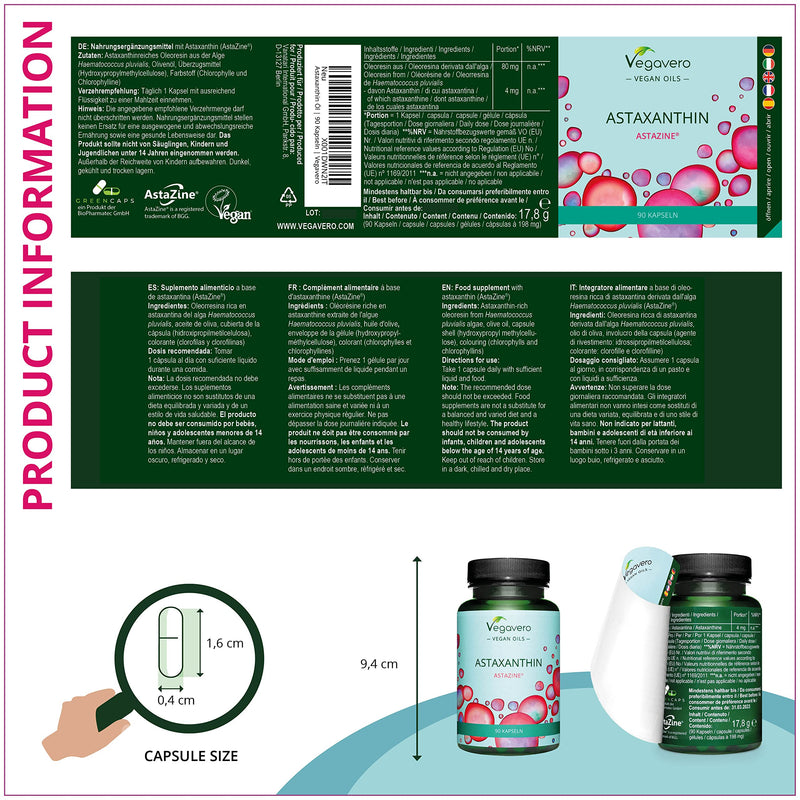 [Australia] - Astaxanthin Antioxidant Supplement Vegavero � | Natural Astaxanthin Oil from Algae | NO Additives | AstaZine� (Haematococcus pluvialis) | 90 Capsules (GreenCaps�) | Vegan 