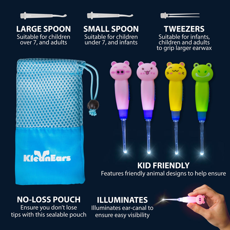 [Australia] - KleanEars Kids Earwax Remover Tool Baby Safe 4 Pcs LED Lighting Ear Pick Spoon Earwax Remover Curette Tweezer Ear Spoon Cleaning 