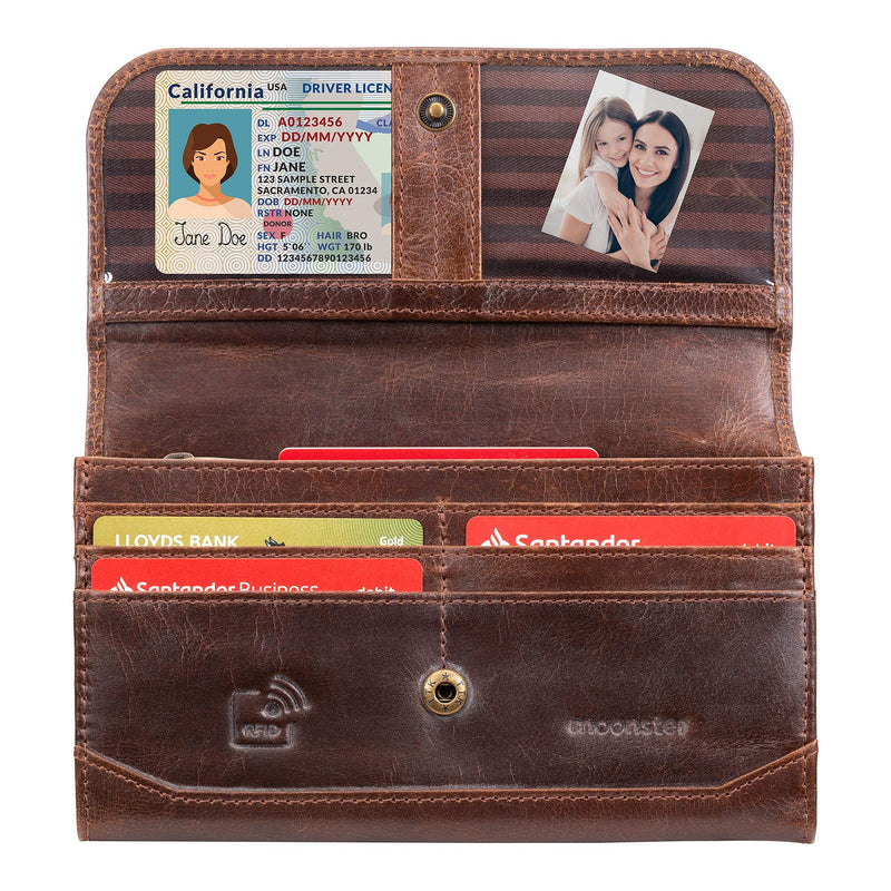 [Australia] - Moonster Purses for Women – Genuine Buffalo Leather Wallets, Card Cases & Money Organisers – Handmade, RFID Blocking Ladies Purses – 2 Zip, 3 Open & 1 Clear Pocket + 9 Card Holder Slots 