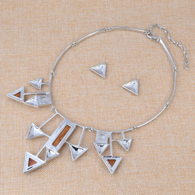 [Australia] - Retro Geometric Triangle Square Arrow Shapes Bib Statement Necklace and Earrings Sets for Women Lady Dinner Party Wedding Jewelry Set Khaki 