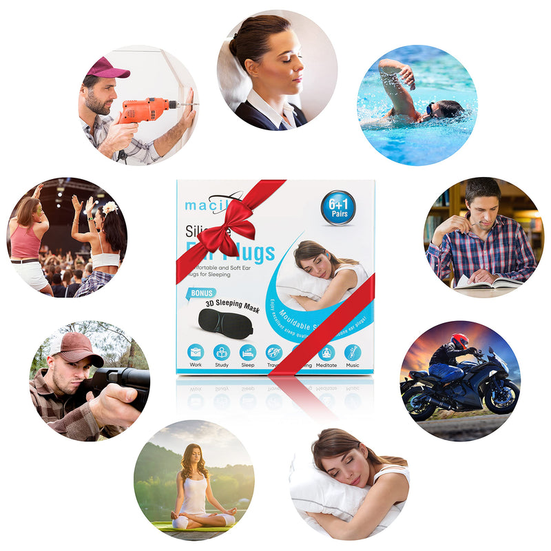 [Australia] - macika Sleeping Ear Plugs Silicone Ear Plugs with Sleeping Mask Comfortable and Soft Earplugs Noise Cancelling Ear Plugs Mouldable Reusable Silicone Plugs for Sleeping, Studying, Swimming,7 Pairs 
