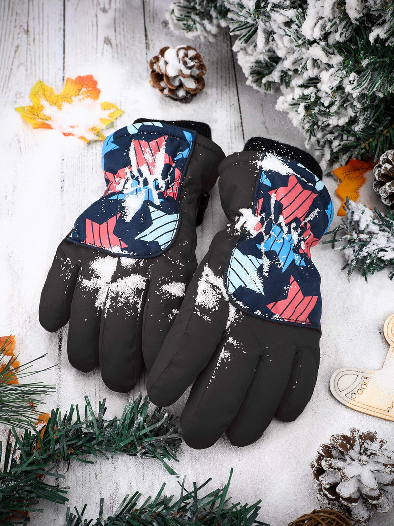 [Australia] - Kids Winter Snow Waterproof Warm Ski Gloves Unisex Printed Mittens for Cold Weather 5-10 Years Old Children Black 