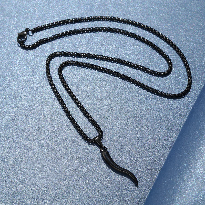 [Australia] - Stainless Steel Italian Horn Cornicello Amulet Pendant Necklace Talisman Lucky Jewelry Gifts Black 