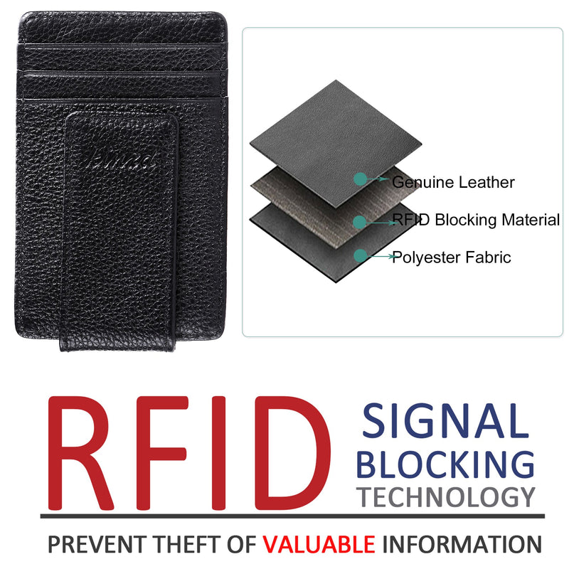 [Australia] - Money Clip, Front Pocket Wallet, Leather RFID Blocking Strong Magnet thin Wallet A Lichi Leather Black 