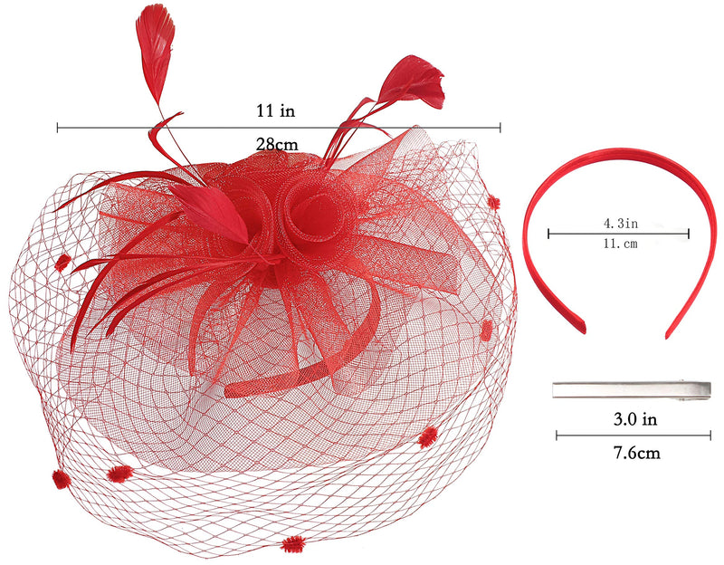 [Australia] - Fascinators for Women Wedding Veil Hats Tea Party Fascinator Headband Kentucky Derby Headwear Cocktail Feathers 002-a-red 