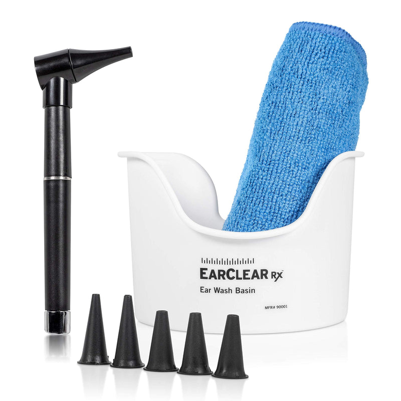 [Australia] - Ear Washing Kit by Nuance Medical EarClear Rx - Rigid Tips for Self Ear Washing with Otoscope Penlight, Basin and 20 Disposable Tips and New Microfiber Towel 