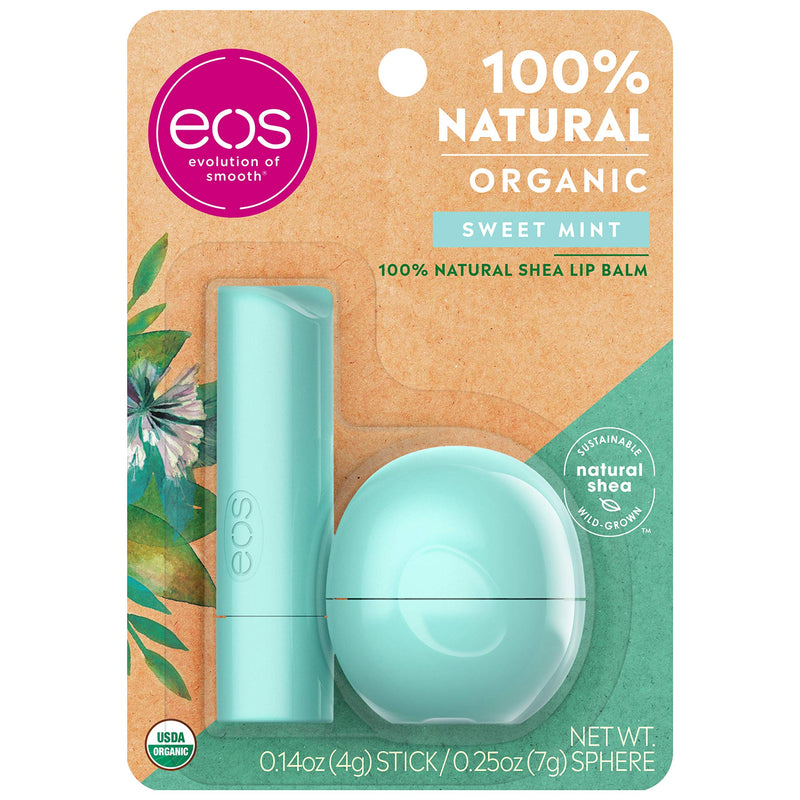 [Australia] - eos USDA Organic Lip Balm - Sweet Mint | Lip Care to Nourish Dry Lips | 100% Natural and Gluten Free | Long Lasting Hydration | 2 Pack (Packaging May Vary) Stick & Sphere 