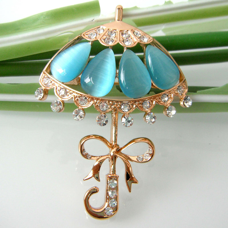 [Australia] - Navachi 18k Gold Plated Created-Opal Crystal Umbrella Brooch pins Blue 