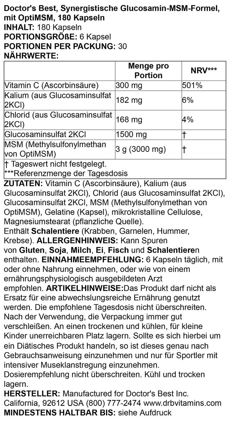 [Australia] - Doctor's Best Synergistic Glucosamine MSM with OptiMSM, Non-GMO, Gluten Free, Soy Free, Joint Support, 180 Caps (DRB-00070) 