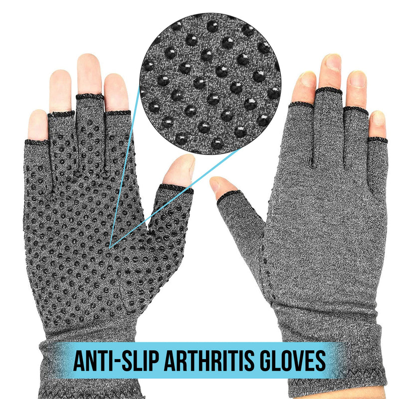 [Australia] - 1 Pair Compression Arthritis Gloves Fingerless Hand Wrist Support Joint Pain Relief for Men & Women Grey - (1 Dotted Pair Medium + 1 Massager Ball) & Mesh Bag M 