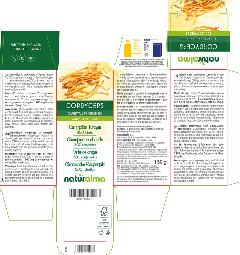 [Australia] - Cordyceps or Caterpillar Mushroom (Cordyceps sinensis or Ophiocordyceps sinensis) Fungus or Mushroom NATURALMA | 150 g | 300 Tablets of 500 mg | Food Supplement | Natural and Vegan 