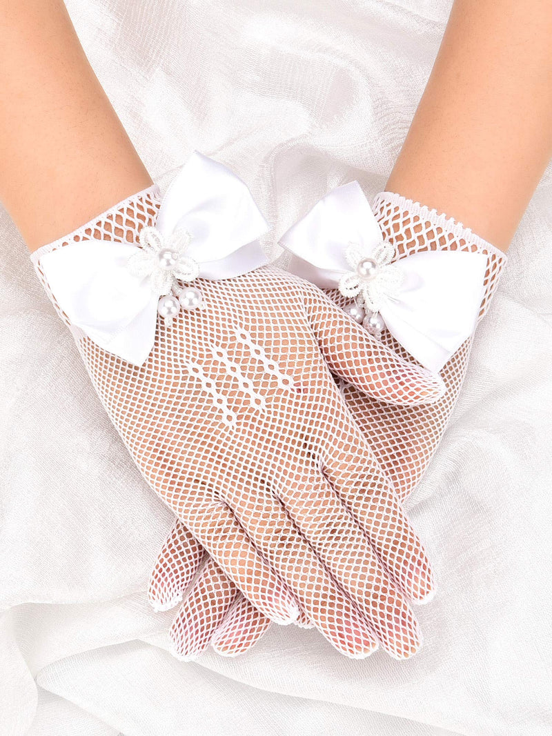 [Australia] - Chuangdi Flower Girl Gloves Short Princess Gloves Bow Tie Gloves Women Faux Pearl Gloves for Wedding Party First Communion (Lace Type, White) 