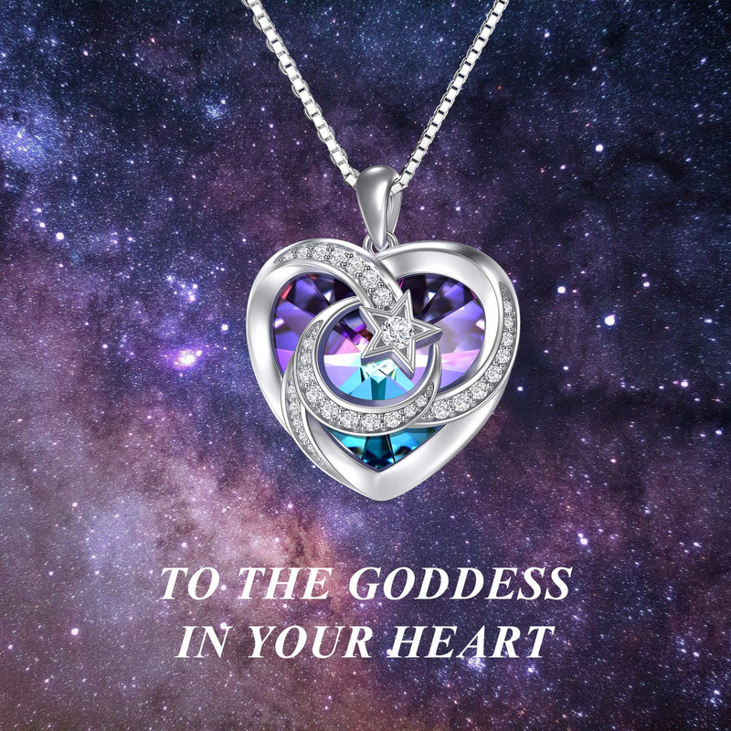 [Australia] - TOUPOP s925 Sterling Silver Moon and Star Heart Pendant Necklace with Blue/Purple Heart Crystal Jewelry Gifts for Women Teen Girls Birthday Christmas with purple heart crystal 