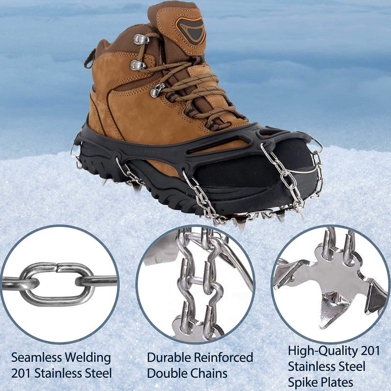 [Australia] - NewDoar Ice Cleats Crampons Traction,19 Spikes Stainless Steel Anti Slip Ice Snow Grips for Women, Kids, Men Shoes Boots, Safe Protect for Mountaineering, Climbing, Hiking, Walking, Fishing,M, L, XL Black Medium 