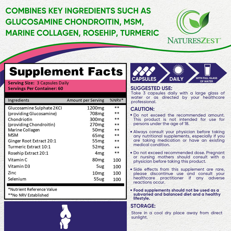 [Australia] - Glucosamine and Chondroitin High Strength Capsules - Glucosamine Complex with MSM – 180 Glucosamine Capsules - with Vitamin C, Rosehip, Turmeric Curcumin & Marine Collagen – UK Made by Natures Zest 