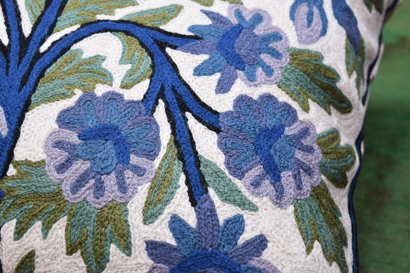 [Australia] - Kashmir Designs Tree of Life Pillow Cover | Blue Floral Pillowcase | Designer Flower Pillow |Suzani Cushions | Flower Pillows | Modern Floral Cushion Cover | Hand embroidered Cushion Wool Size - 18x18 Blue Indigo 