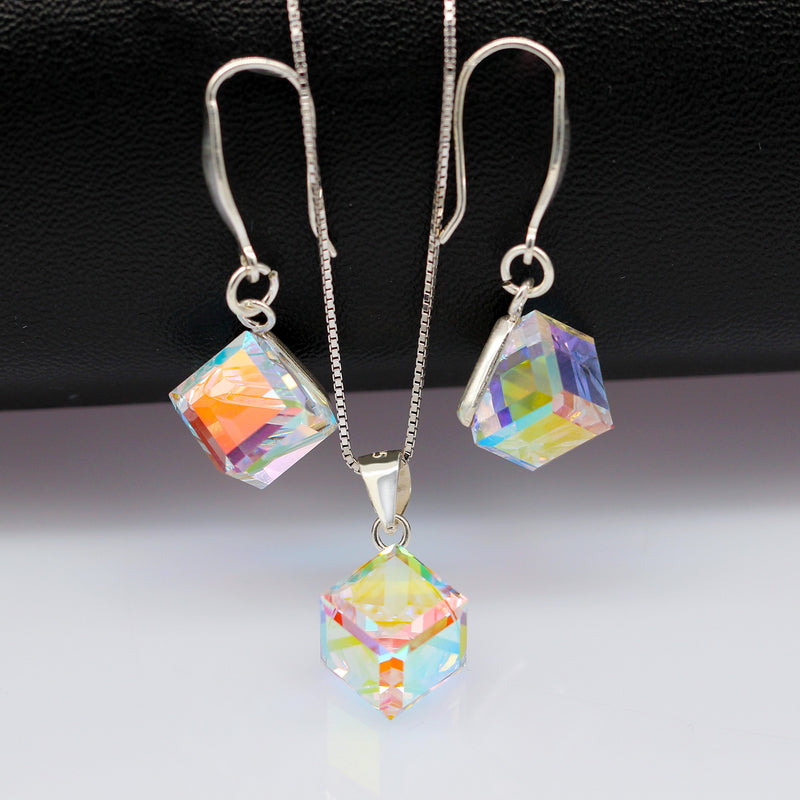 [Australia] - Uloveido Girl's Square Cube Authentic Austrian Crystal Hook Earrings and Rainbow Necklace Sets for Women - 925 Sterling Silver Wedding Engagement Jewelry Sets Box Packing Y418 Rainbow Set 