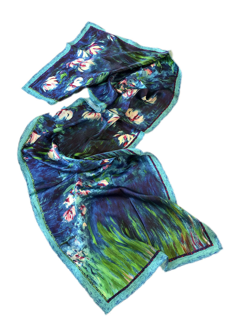 [Australia] - Prettystern Art painting 63 Inch long hand-rolled silk scarf - van Gogh Monet 63" X 16.9" P551 - Water Lilies, Nympheas 