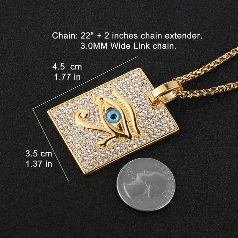 [Australia] - HZMAN 18k Gold Plated Iced Out Eye of Horus Egypt Protection Cross Dog Tag Pendant Stainless steel Necklace Dog Tag - Blue 