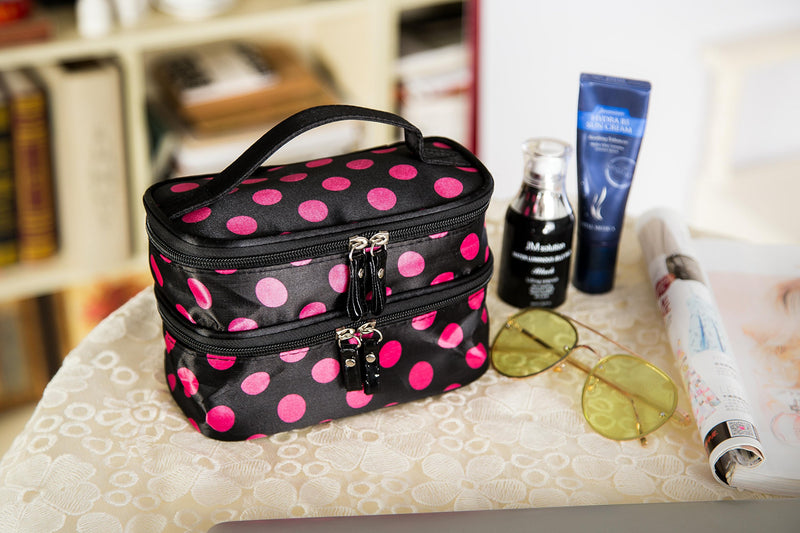 [Australia] - Cosmetic Bag MakeUp Case Double Layer Dot Pattern Portable Waterproof Wear Resistance Durable With 2 Zipper Holder With Mirror Travel Toiletry Bag Organizer (Black Rose) Black Rose 