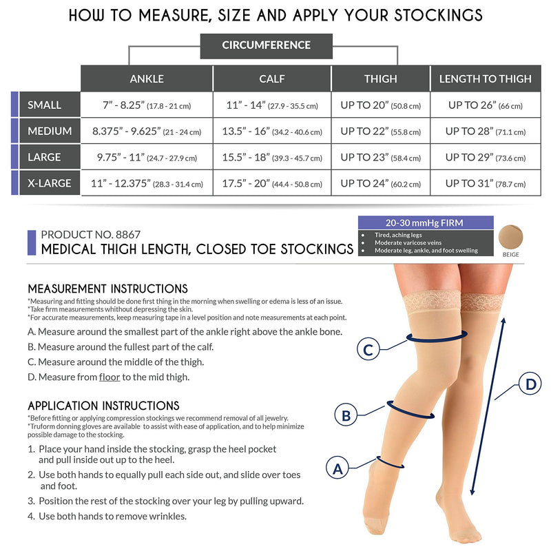 [Australia] - Truform 20-30 mmHg Compression Stockings for Women, Lace Trim Band, Thigh High Length, Closed Toe, Beige, Medium 