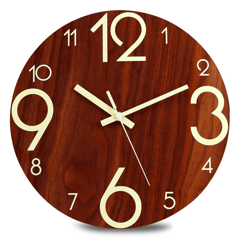 [Australia] - Plumeet Luminous Wall Clock - 12'' Non-Ticking Silent Wooden Clocks with Night Light - Large Decorative Wall Clock for Kitchen Office Bedroom,Battery Operated (Brown Face) Country Rustic 