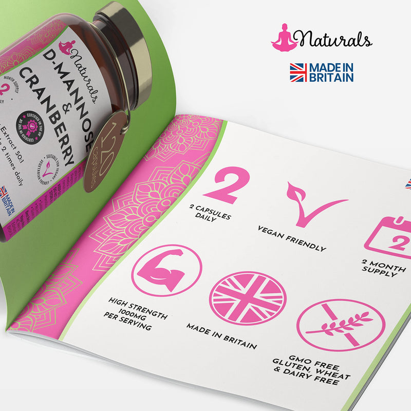 [Australia] - 120 D-Mannose and Cranberry Capsules - (2 Months Supply) 1000mg D Mannose & Cranberry Extract Per Serving - UK Made Vegan Supplement (Not Tablets) - High Strength Natural UTI Support for Women & Men 120 Count (Pack of 1) 