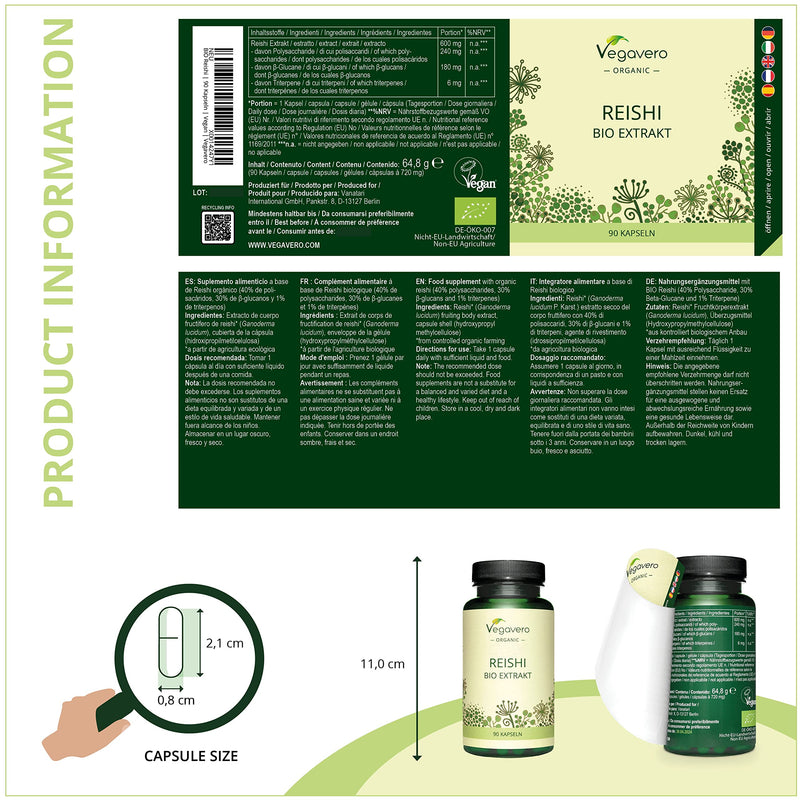 [Australia] - Organic Reishi Extract Vegavero� | 8400mg (14:1) Ganoderma Lucidum | with Polysaccharides & Beta Glucans | Mushroom Extract Powder | 90 Capsules | Vegan 