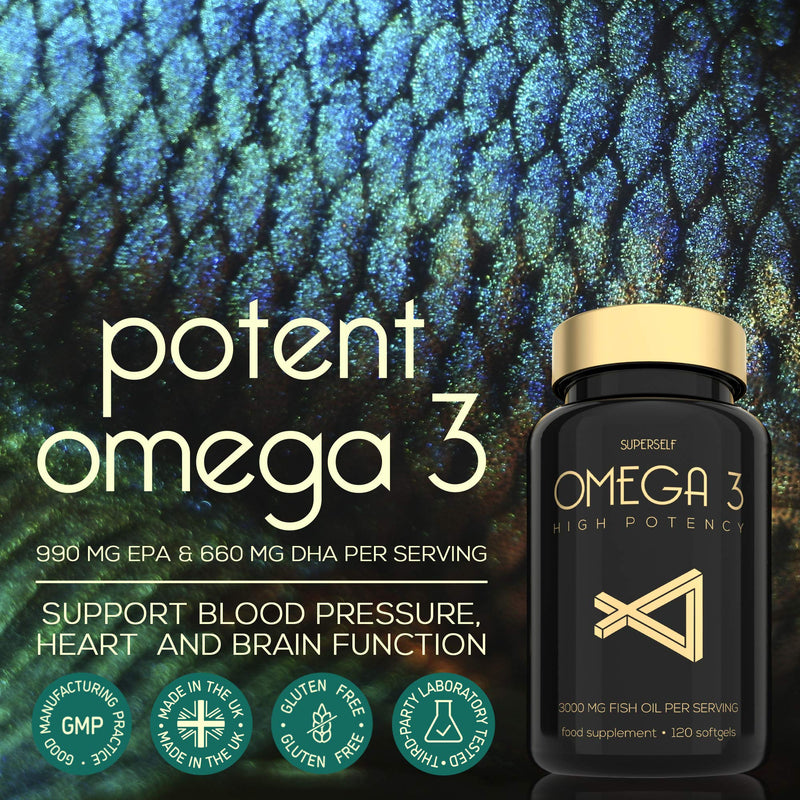 [Australia] - Fish Oil Omega 3 Capsules - High Strength 3000mg - 120 Softgel Capsules - Easy to Swallow & Burpless - Triple Potency DHA 660mg & EPA 990mg - UK Made Omega 3 Supplement - 1000mg Fish Oil per Tablet 