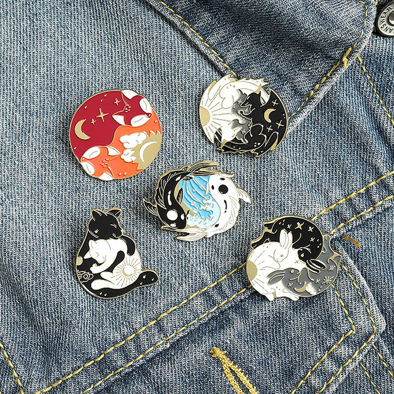 [Australia] - Cartoon Yin Yang Enamel Pins Sets -Cute Cat Brooch Pins for Women Men Lovely Hugging Circle Rabbits Fish Fox Dinosaur Lapel Pins Badges Accessories Gifts 