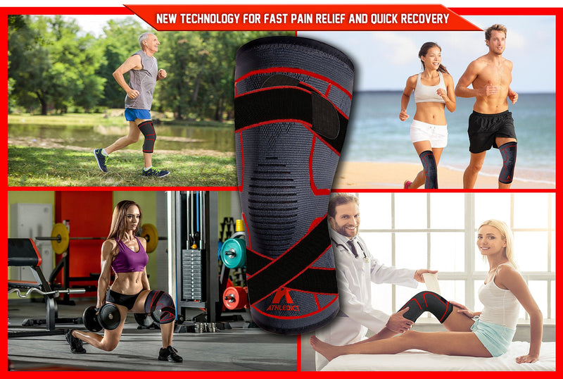 [Australia] - Knee Brace Compression Sleeve with Strap for Best Support & Pain Relief for Meniscus Tear, Arthritis, Running, Basketball, MCL, Jogging, Post Surgery Recovery for Men & Women by Athledict, L Dark Grey/Red Large 